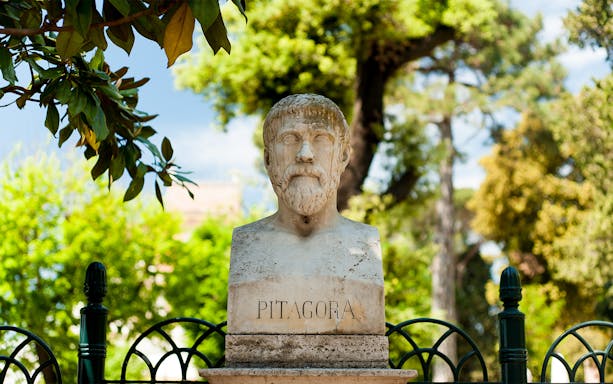 Bust of Pythagoras in Villa Borghese gardens, Rome, seen on a golf cart tour.