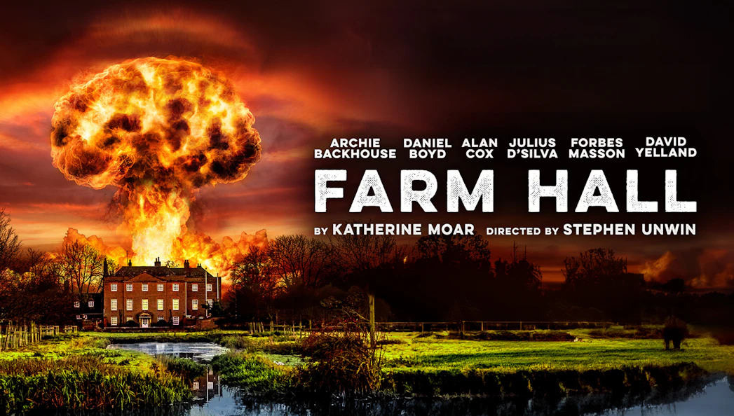 Farm Hall building with dramatic explosion in the background.