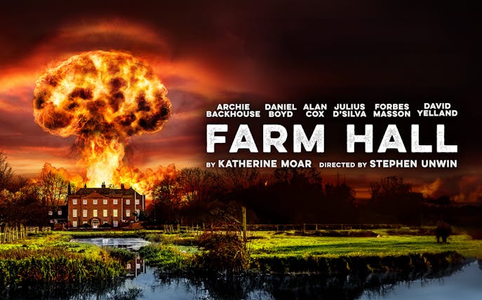 Farm Hall building with dramatic explosion in the background.