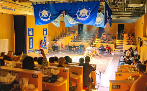 Sumo wrestlers performing in a Kyoto arena with audience enjoying the show.