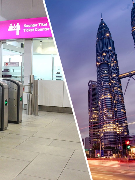Petronas Twin Towers at dusk and KLIA Ekspres ticket counter in Kuala Lumpur.