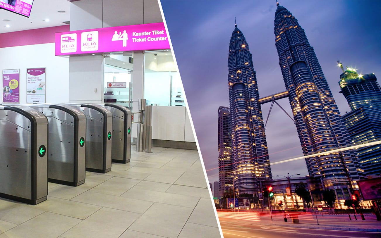 Petronas Twin Towers at dusk and KLIA Ekspres ticket counter in Kuala Lumpur.