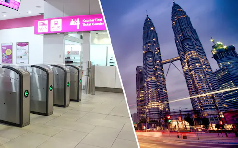Petronas Twin Towers at dusk and KLIA Ekspres ticket counter in Kuala Lumpur.