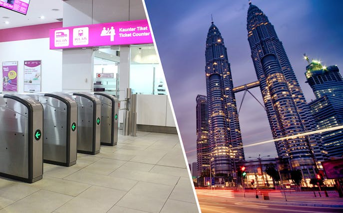 Petronas Twin Towers at dusk and KLIA Ekspres ticket counter in Kuala Lumpur.