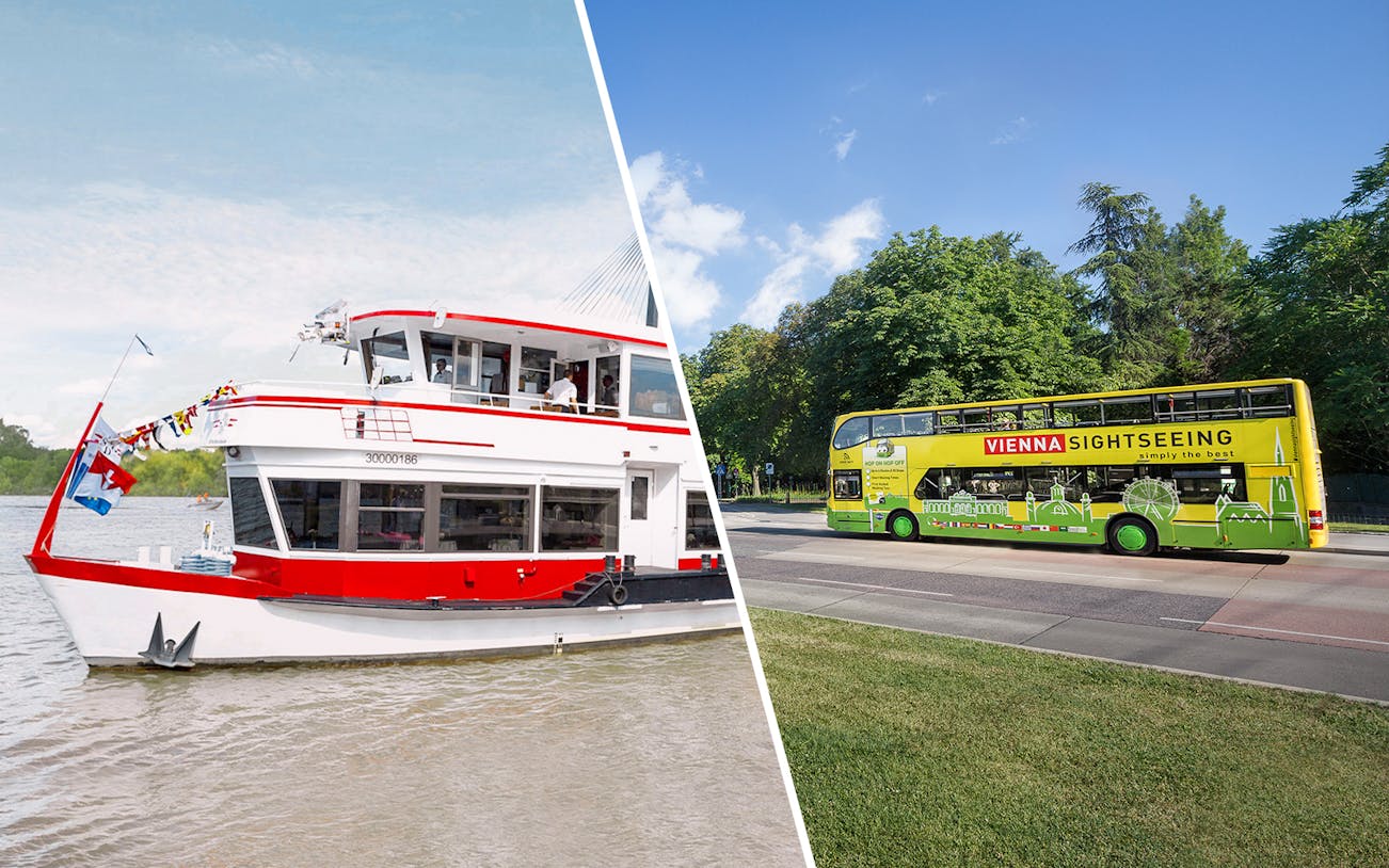 City cruise boat and hop-on hop-off sightseeing bus in Vienna.