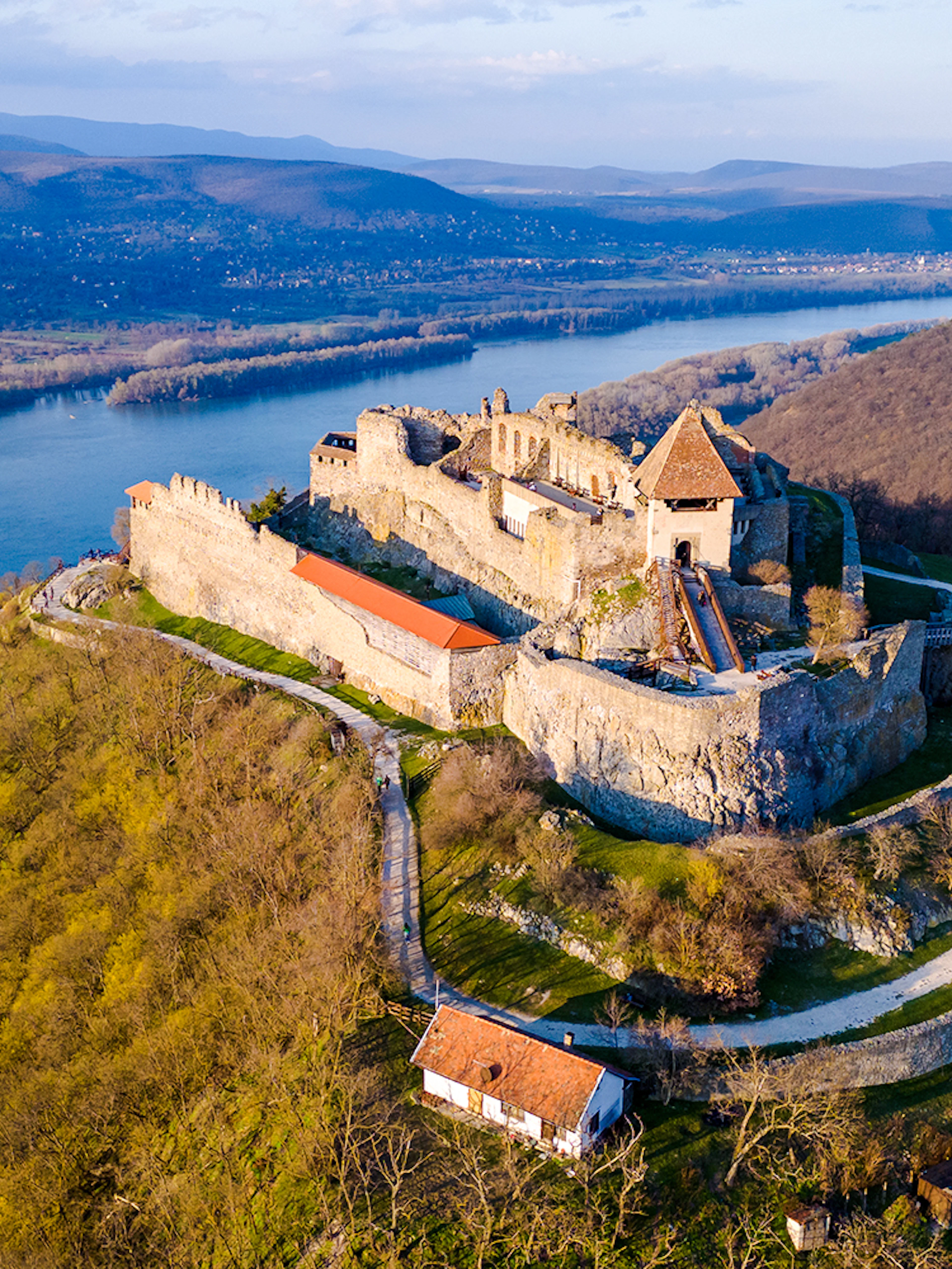 Aerial view of Visegrad Castle overlooking the Danube River in Hungary.