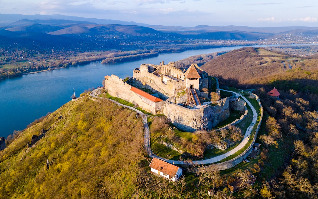 Aerial view of Visegrad Castle overlooking the Danube River in Hungary.