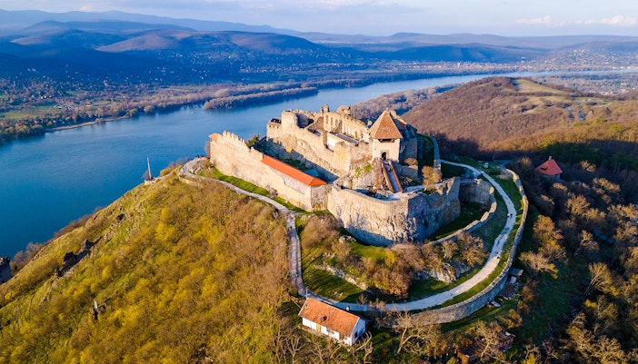Aerial view of Visegrad Castle overlooking the Danube River in Hungary.