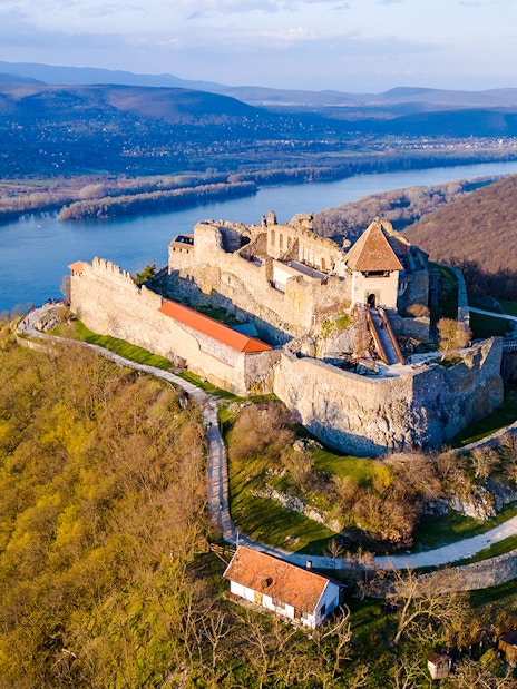 Aerial view of Visegrad Castle overlooking the Danube River in Hungary.