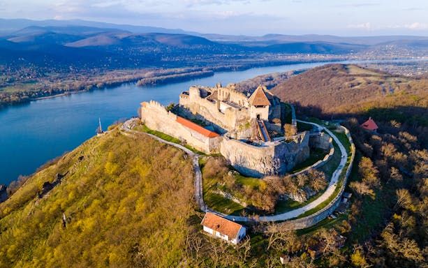 Aerial view of Visegrad Castle overlooking the Danube River in Hungary.