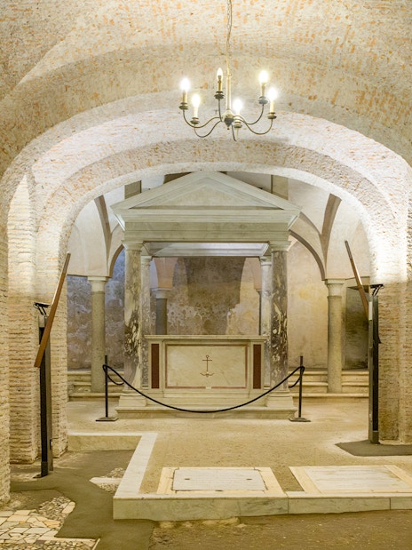 Underground chamber of Basilica of San Clemente with ancient altar, Rome.