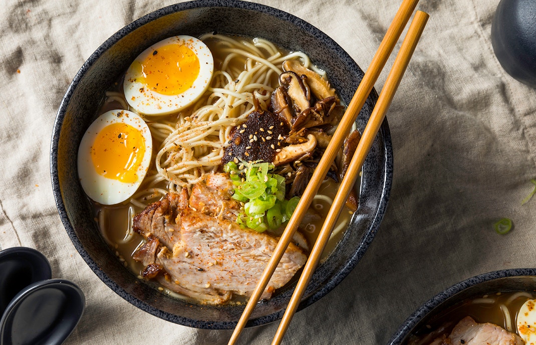 Ramen bowl with egg, pork, and mushrooms at a Mt Fuji restaurant.
