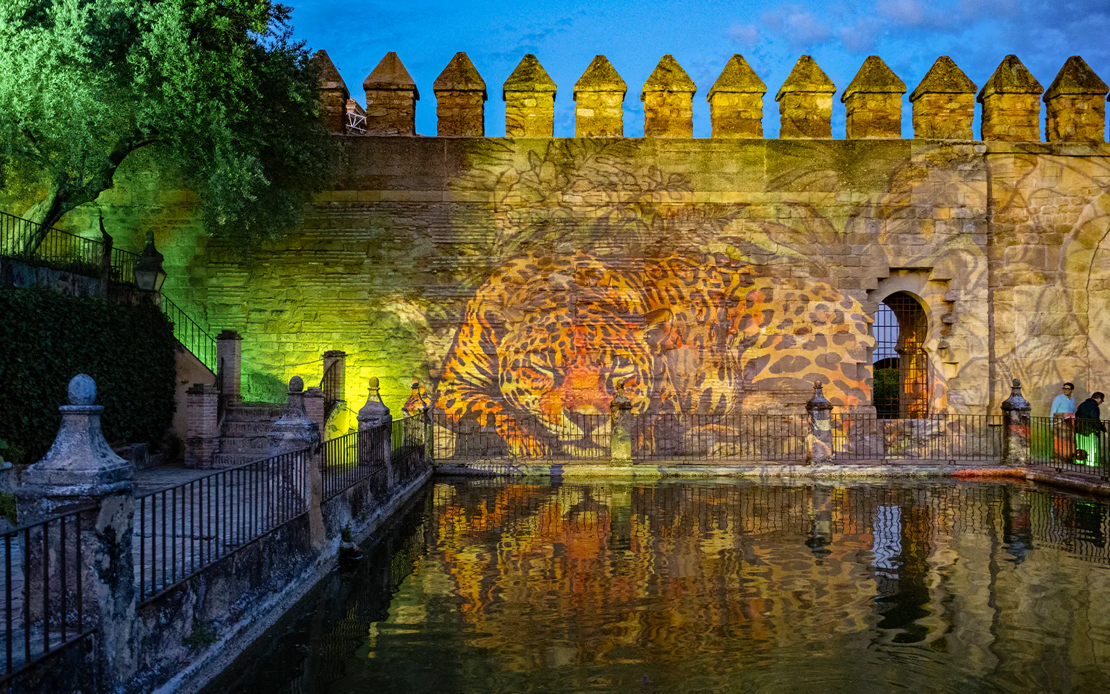 Alcazar of Cordoba garden wall with leopard projection at night.