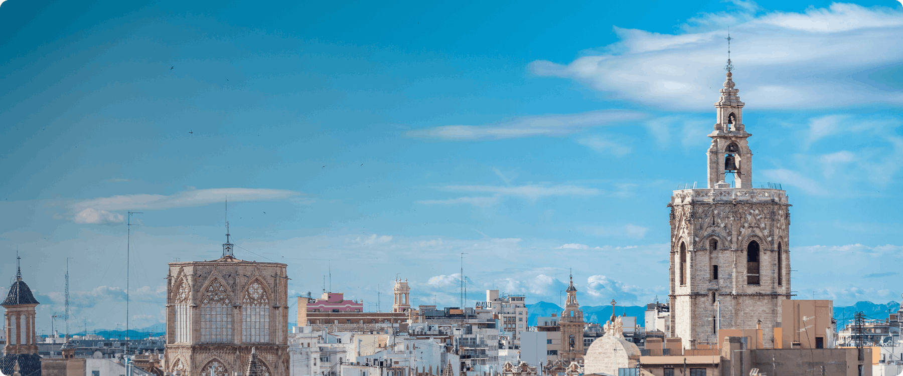 Valencia skyline featuring the Miguelete bell tower and historic buildings.