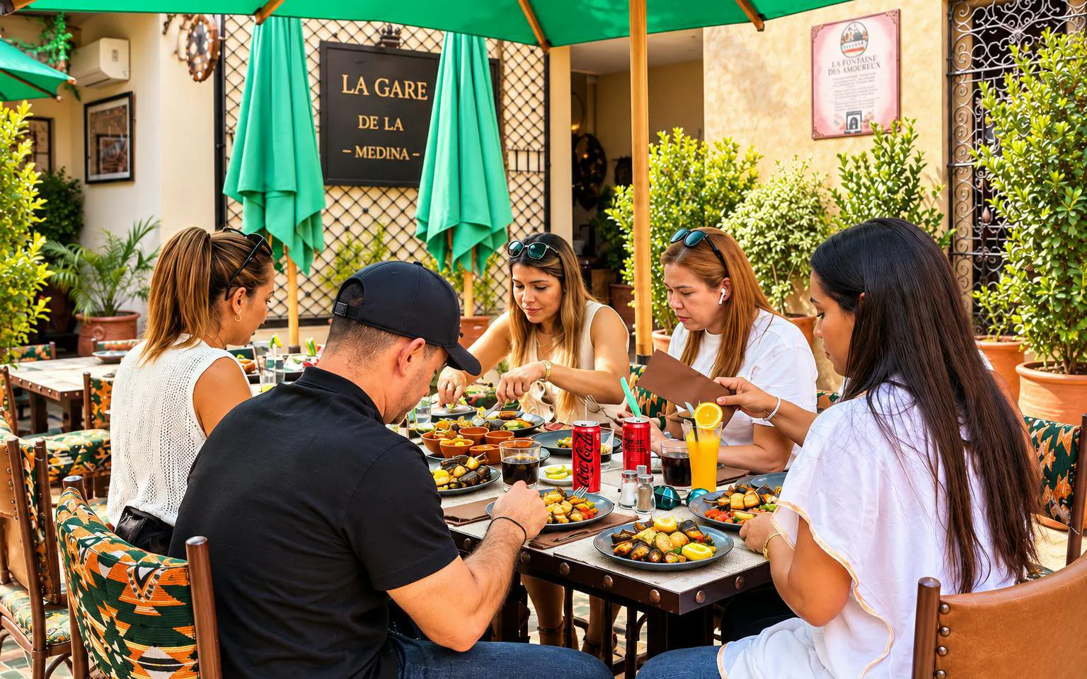 Guests dining at La Gare de la Medina rooftop in Marrakech.