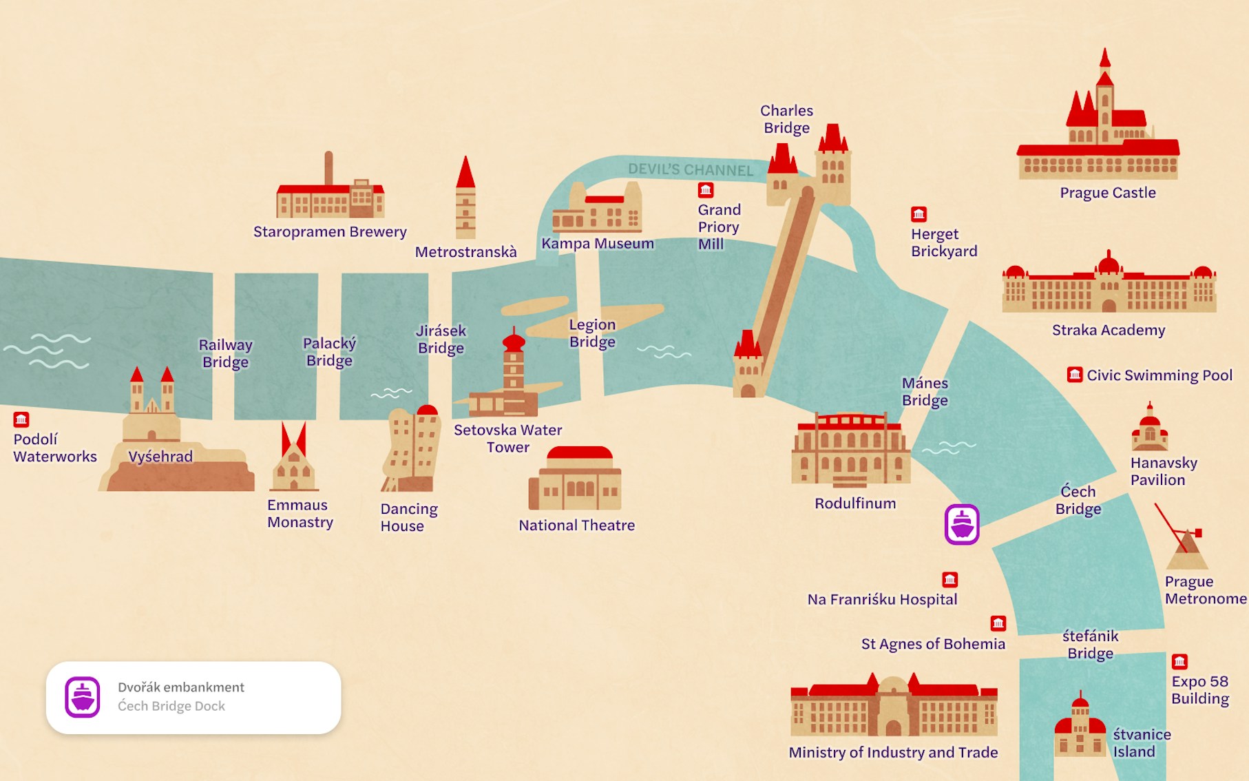 Prague river cruise map highlighting Vltava River route and key landmarks.