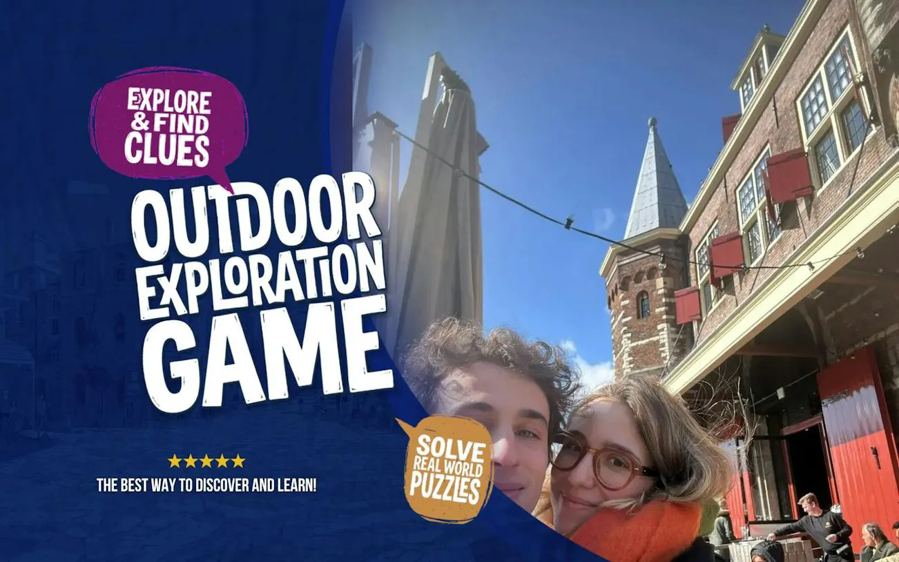 Outdoor exploration game in Amsterdam with historic building backdrop.