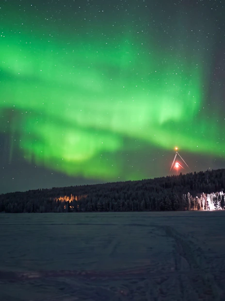 Northern lights over snowy landscape in Rovaniemi with distant forest and tower.