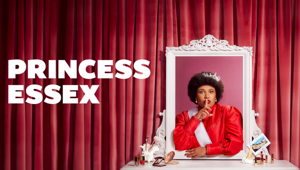 Person in red dress and tiara posing with finger on lips, labeled Princess Essex.