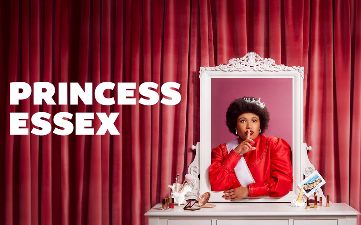 Person in red dress and tiara posing with finger on lips, labeled Princess Essex.