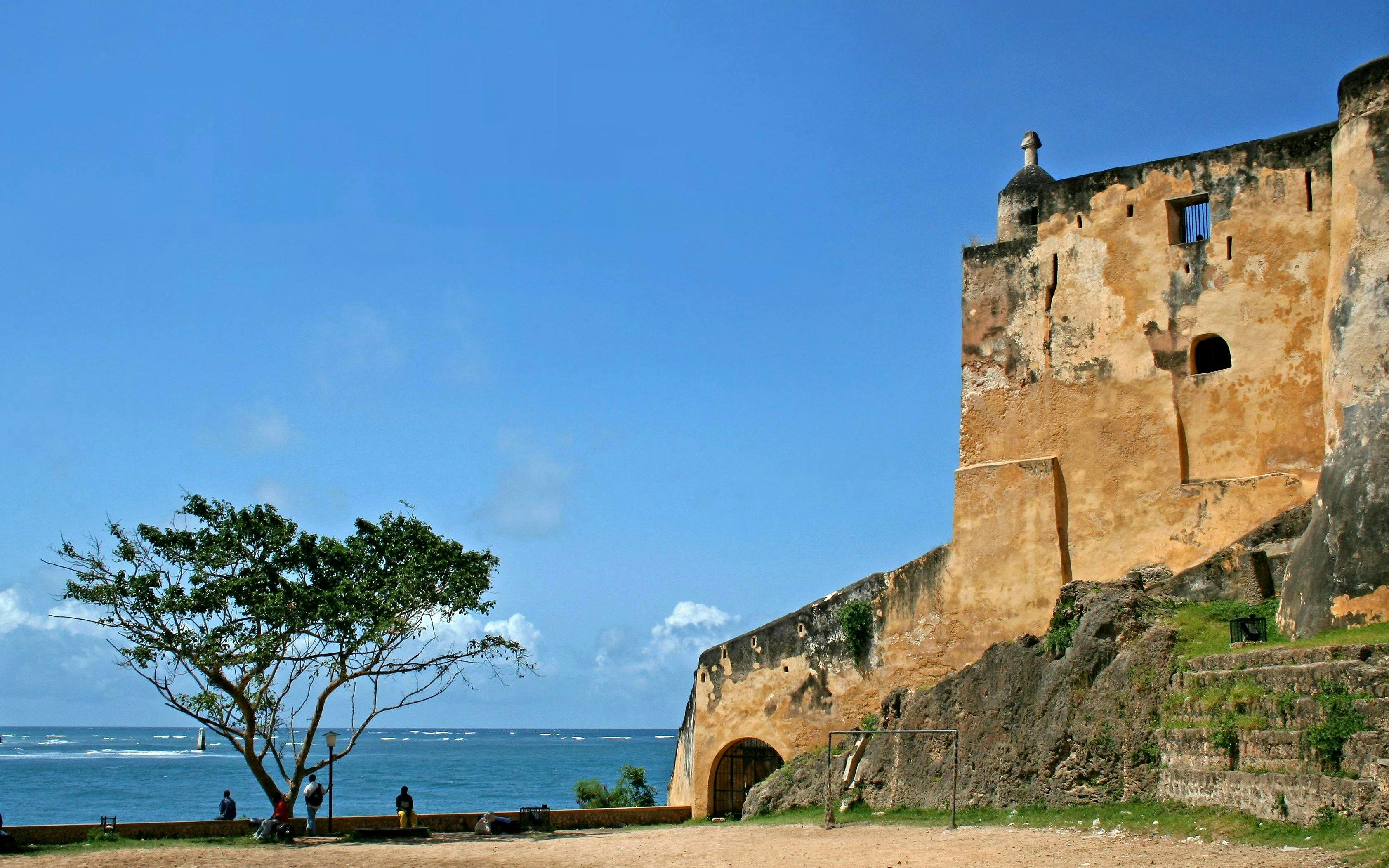 Fort Jesus in Mombasa, Kenya with ocean view and historic walls.