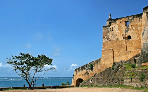 Fort Jesus in Mombasa, Kenya with ocean view and historic walls.