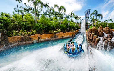 Raft descending the Infinity Falls river rapids ride at SeaWorld Orlando.