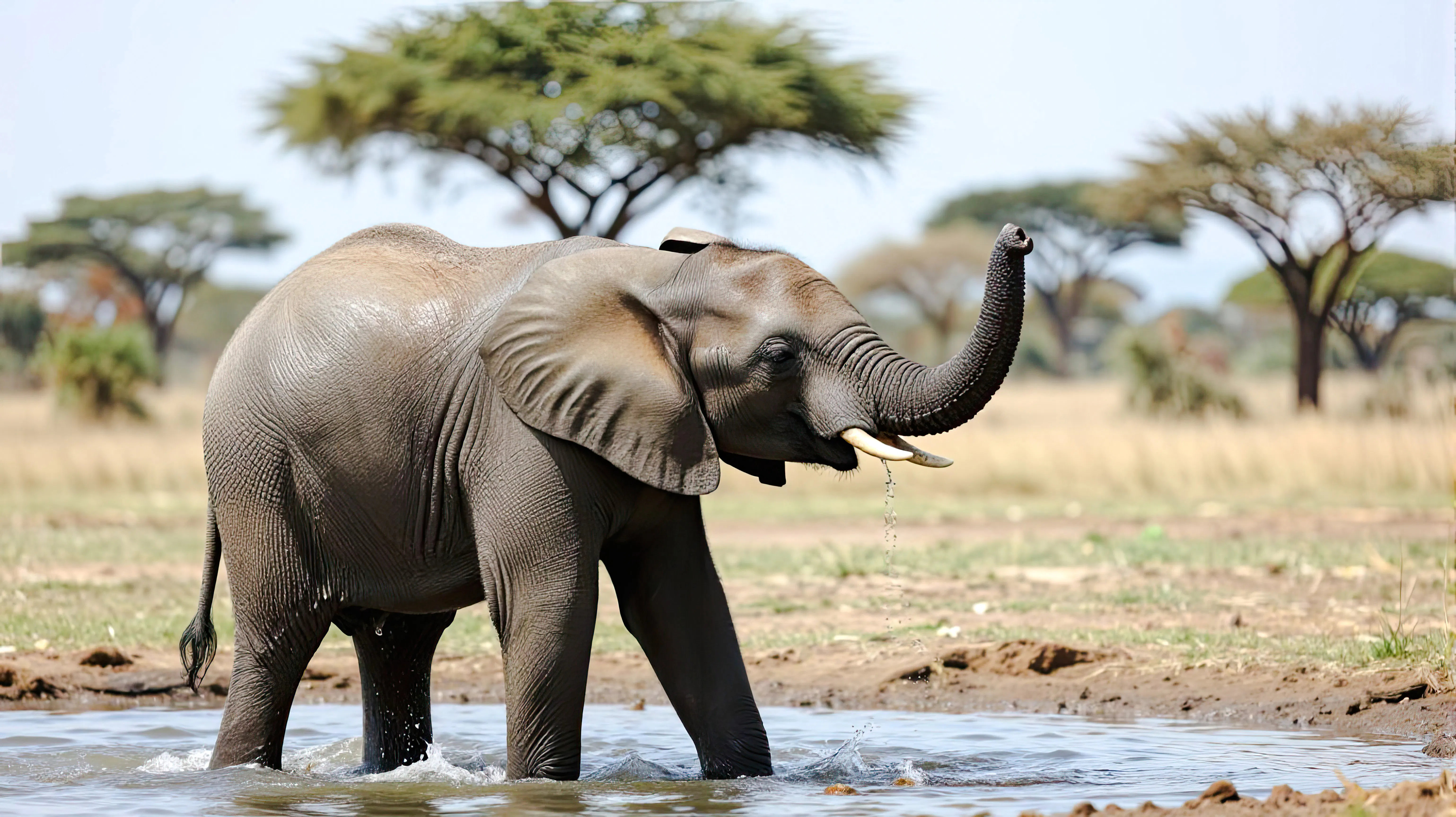 Elephant drinking water in Serengeti National Park, Tanzania.