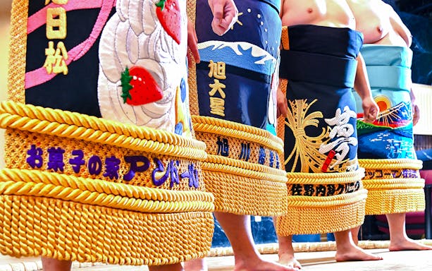 Sumo wrestlers wearing traditional embroidered aprons in Japan.