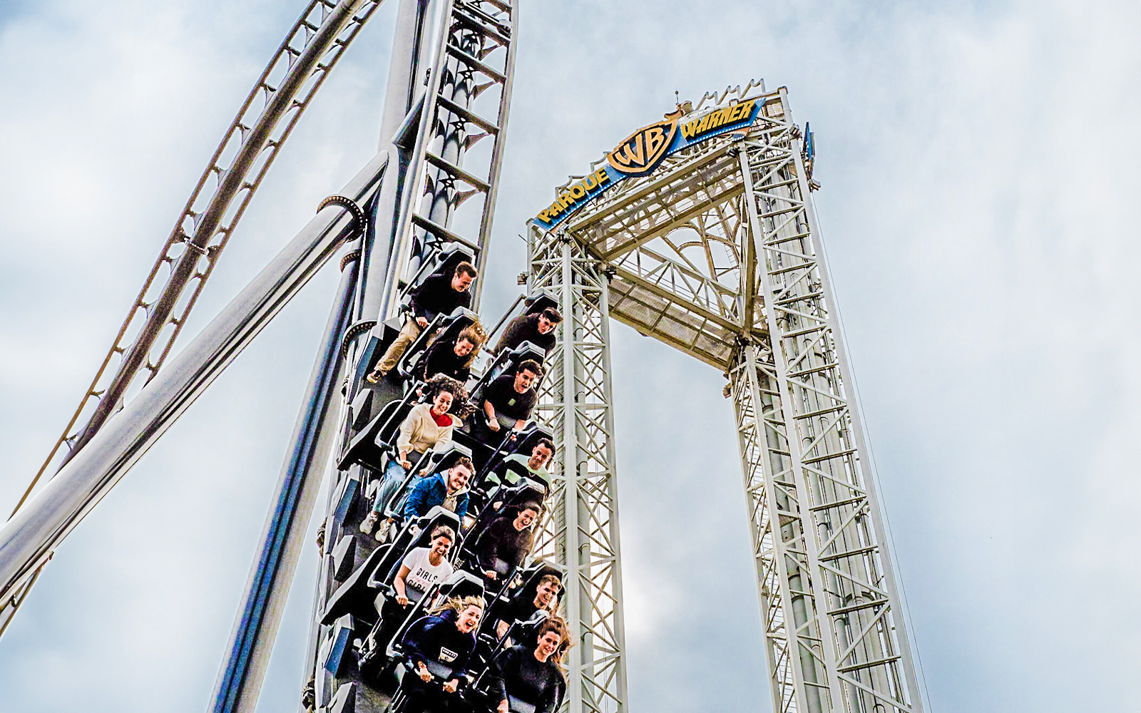 Visitors on a roller coaster at Parque Warner, Madrid.