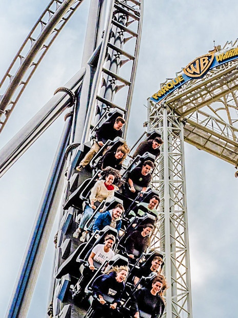 Visitors on a roller coaster at Parque Warner, Madrid.