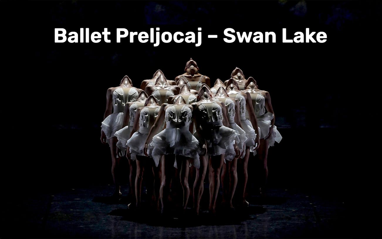 Dancers in formation during Ballet Preljocaj's Swan Lake performance.