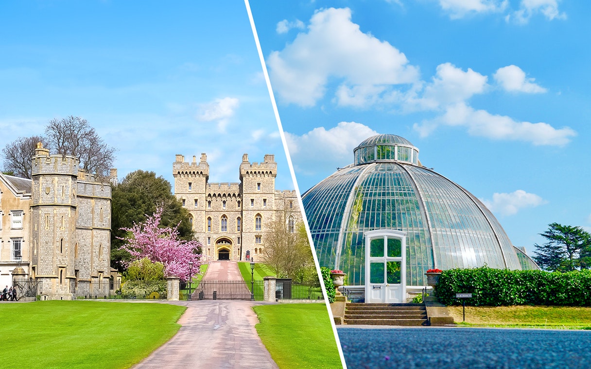 Windsor Castle entrance and Kew Gardens glasshouse under blue sky.