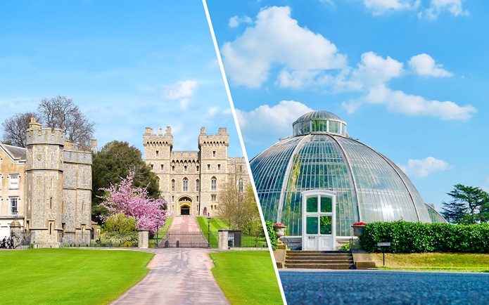Windsor Castle entrance and Kew Gardens glasshouse under blue sky.