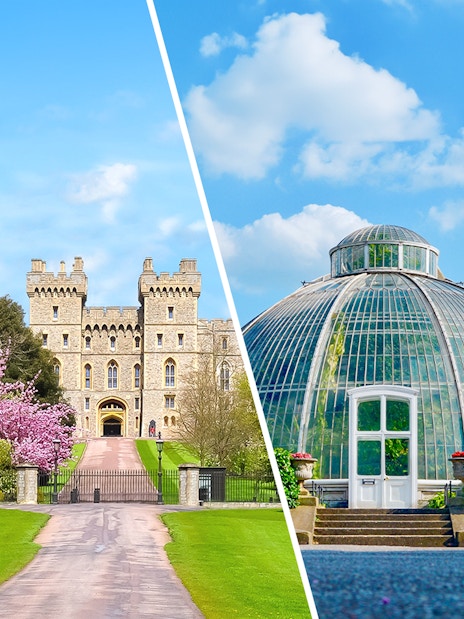 Windsor Castle entrance and Kew Gardens glasshouse under blue sky.