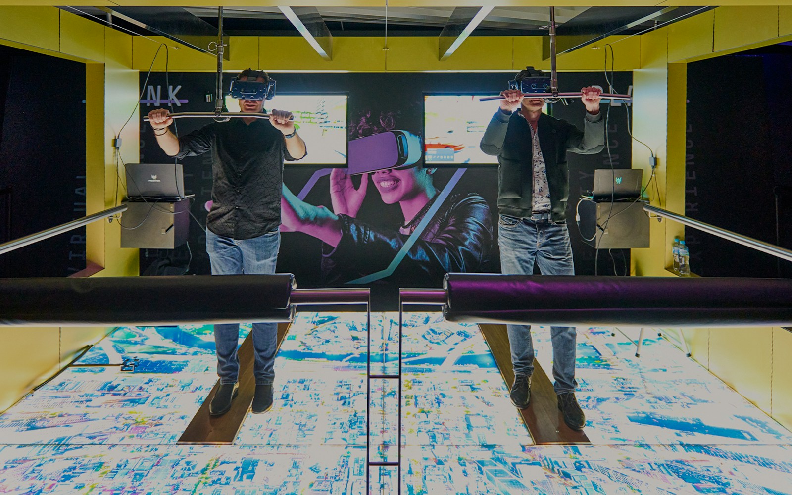 Visitors experiencing virtual reality at Melbourne Skydeck's Max VR Experience.