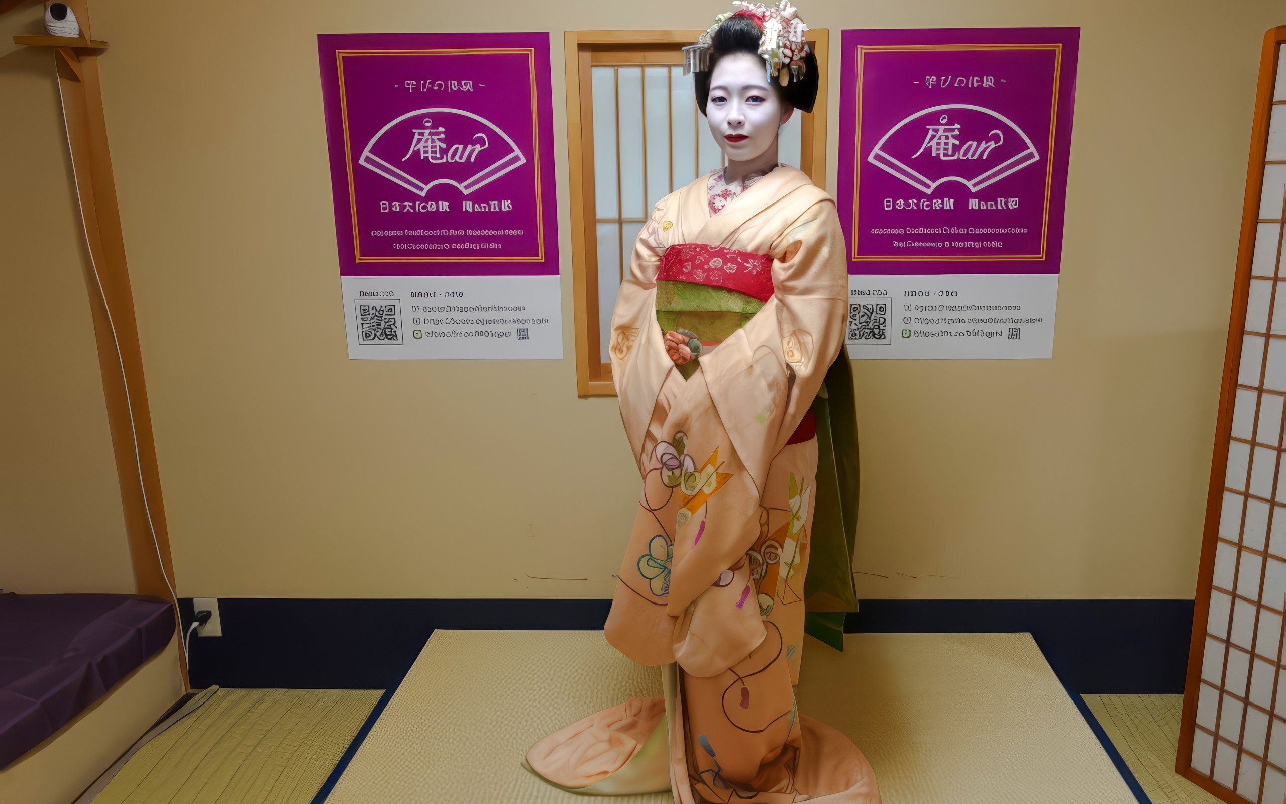 Maiko in traditional kimono posing indoors before performance in Japan.