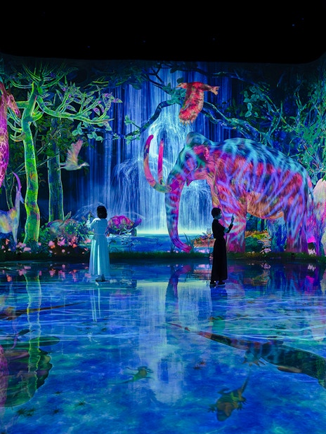 Interactive digital forest with colorful animals at teamLab Planets, Tokyo.
