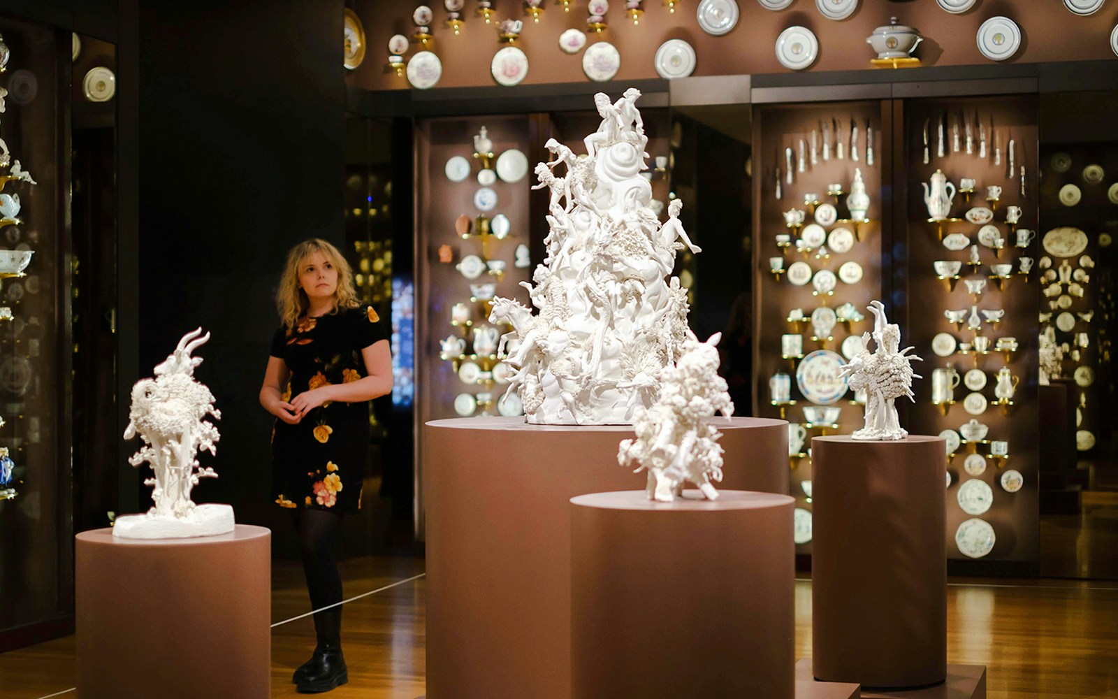 Porcelain sculptures on display at Seattle Art Museum exhibit.