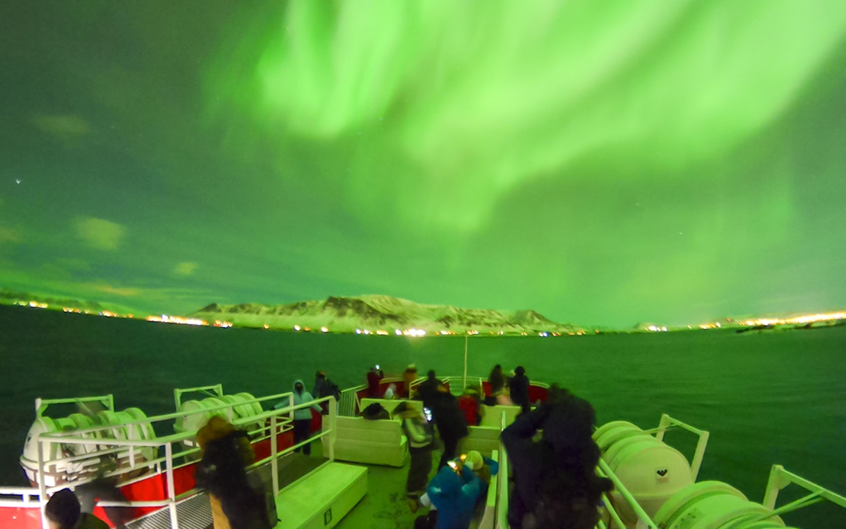 Guests viewing northern lights from a cruise ship deck in Iceland.