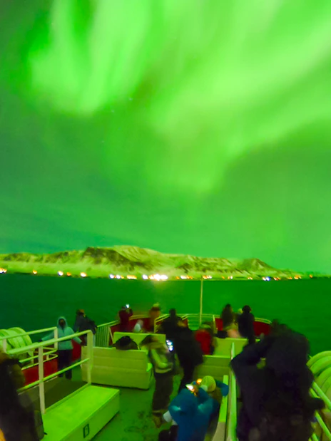 Guests viewing northern lights from a cruise ship deck in Iceland.