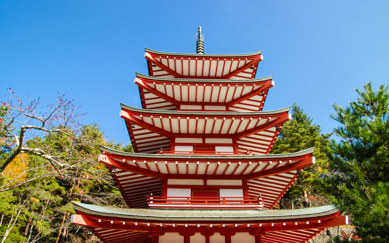 Chureito Pagoda surrounded by trees in Fujiyoshida, Japan.