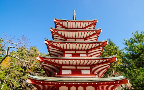 Chureito Pagoda surrounded by trees in Fujiyoshida, Japan.