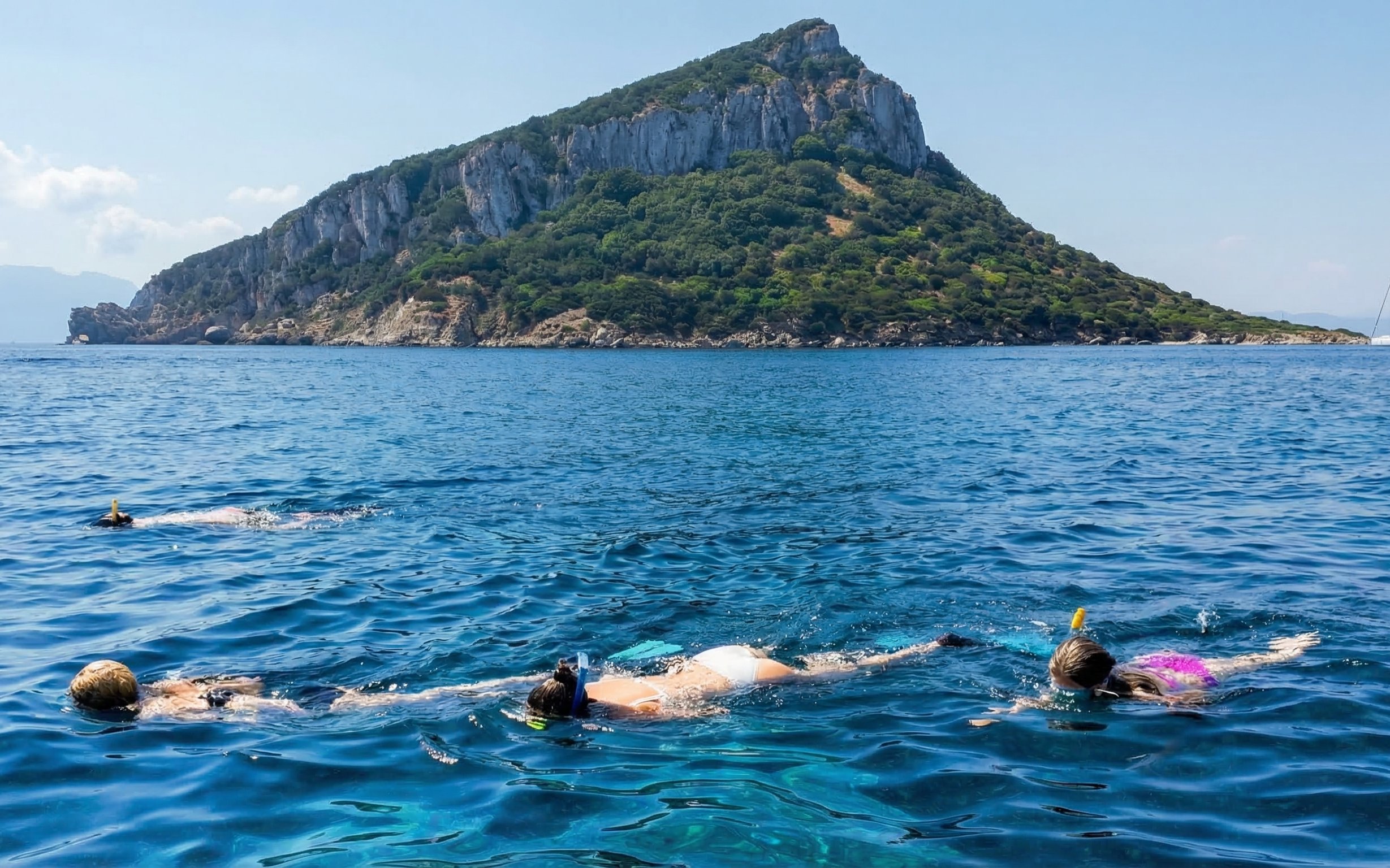 Snorkelers in the sea near Capo Figari, Italy, with the island in the background.