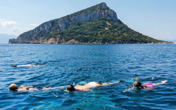 Snorkelers in the sea near Capo Figari, Italy, with the island in the background.