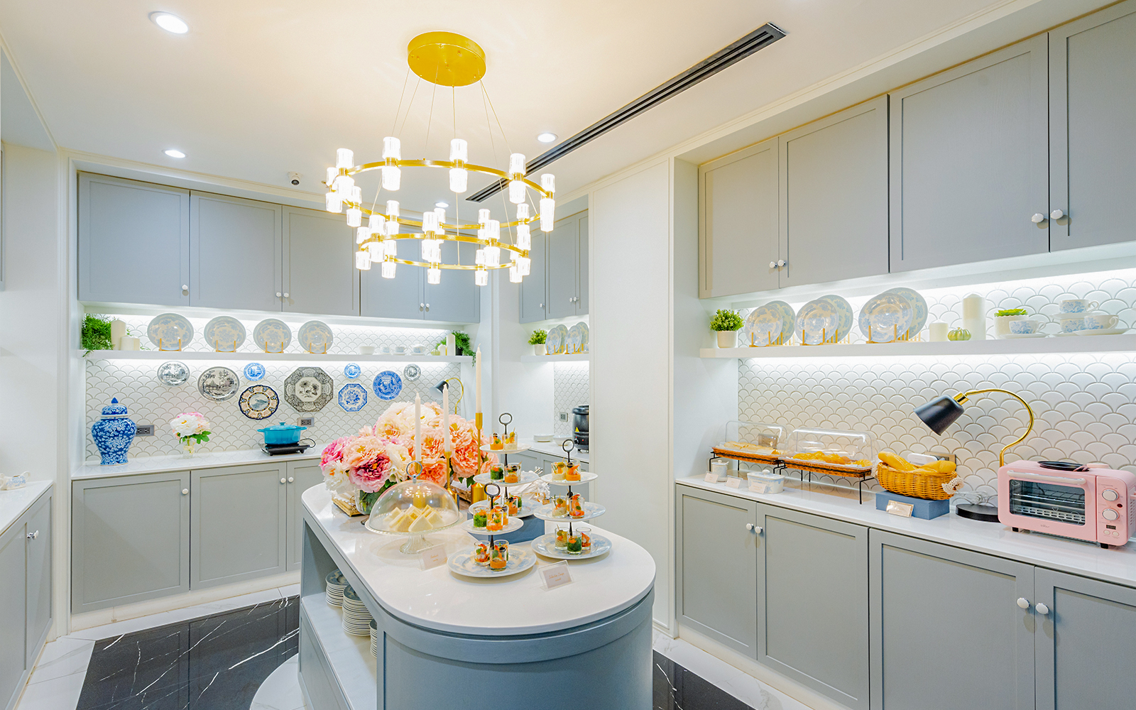 Coral Finest Business Class Lounge buffet area with elegant decor, Bangkok airport, Thailand.