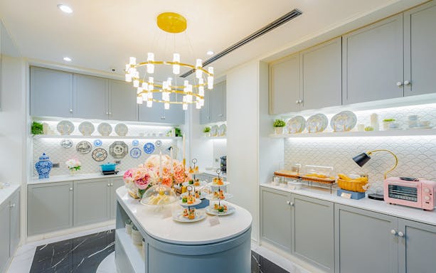 Coral Finest Business Class Lounge buffet area with elegant decor, Bangkok airport, Thailand.