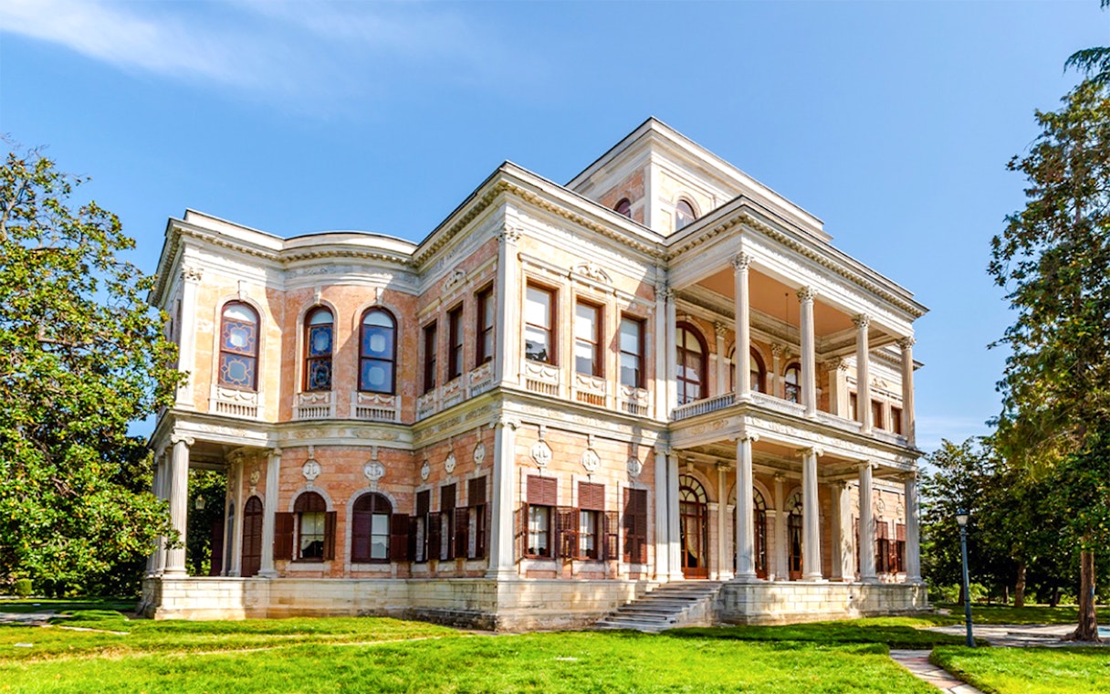 Beykoz Mecidiye Pavilion in Istanbul with ornate architecture and lush greenery.