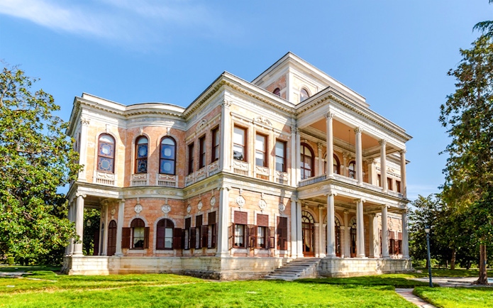 Beykoz Mecidiye Pavilion in Istanbul with ornate architecture and lush greenery.