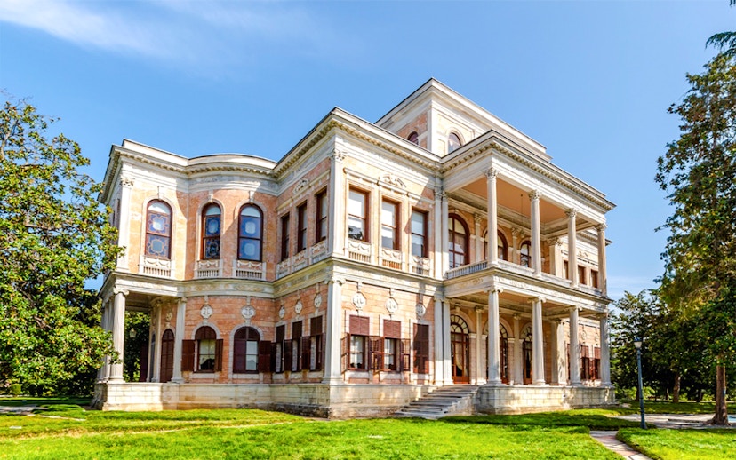 Beykoz Mecidiye Pavilion in Istanbul with ornate architecture and lush greenery.
